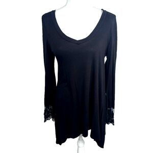 Black Lace Trim Tunic Top V Neck Long‎ Sleeve Women's Size S